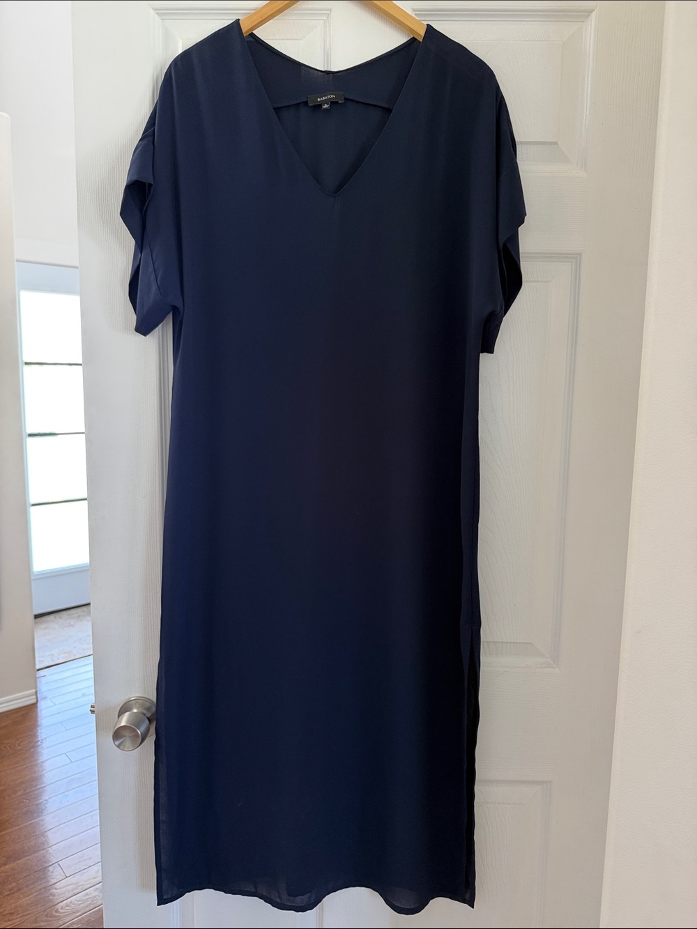 Babaton Dark Navy Double V‑Neck Maxi Caftan Sheer Dress